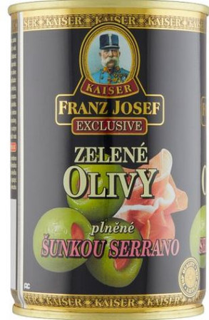 detail F.J.KAISER olivy zelené plech 314ml plněné šunkou Serrano