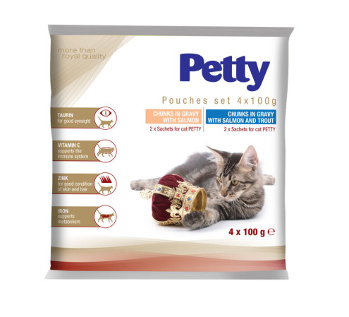 detail PETTY kapsička pro kočky 4x100g losos, losos/pstruh