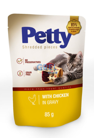 detail PETTY kapsička pro kočky trhané kousky kuřecí 85g