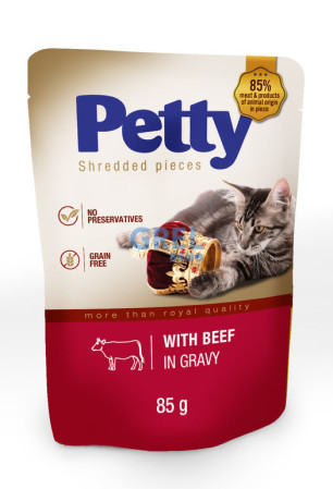 detail PETTY kapsička pro kočky trhané kousky hovězí 85g (20)
