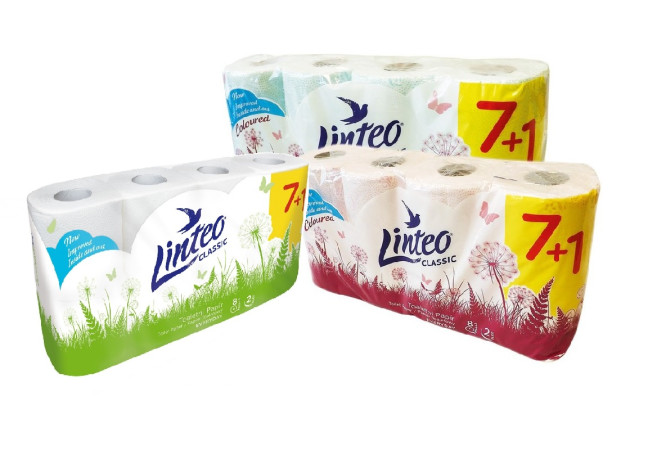 chi tiết Linteo toaletní papír 2vrstvý 7+1 role (bal/10ks) zelený , růžový, bílý
