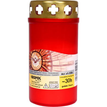 detail Bispol Svíčka hřbitovní s víčkem V1-130 červené 30h /100g (20)