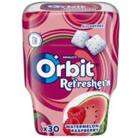 detail Orbit refreshers 30 žvýkaček v doze 67g Malina Meloun (6)