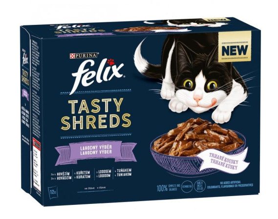 detail Felix tasty shred MP 12x80g hovězí, kuřecí, losos, tuňák (6)