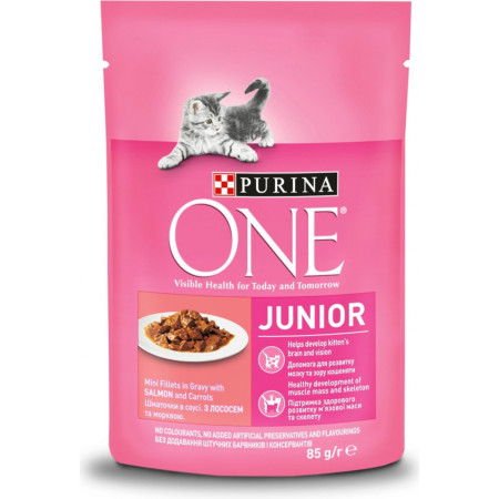 detail Purina One kapsička 85g JUNIOR losos a mrkev ve vlastní šťávě (24)