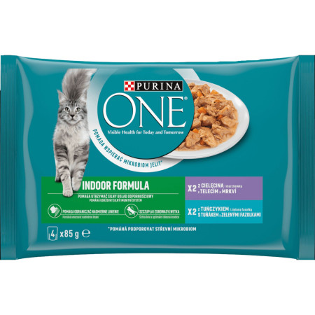 chi tiết Purina One kapsička (4x85g) INDOOR Telecí a mrkev + tuňák a zelené fazolky (12)