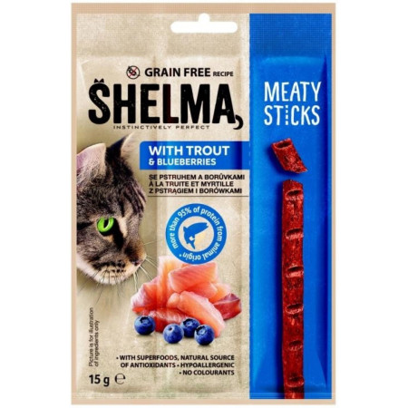 detail Shelma Snack 15g GF Kočka masové tyčinky - Pstruh a Borůvka (30) H