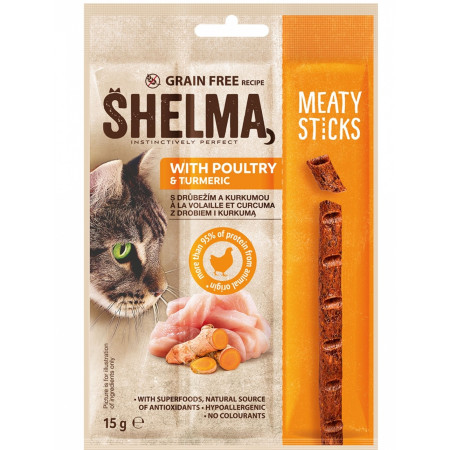 detail Shelma Snack 15g GF Kočka masové tyčinky - Drůbeží a Kurkuma (30) H