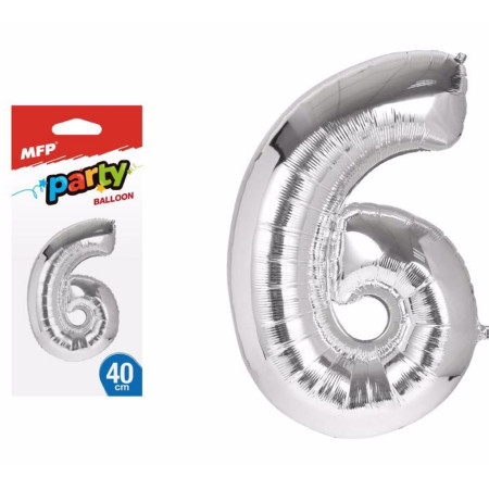detail Balónek č. 6 nafukovací fóliový 40cm - Stříbrný MFP (bal/12ks)