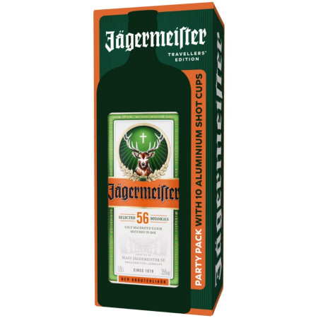 chi tiết Alkohol - Jagermeister Party Box 35% 1l + 10 Golden Aluminium Shots