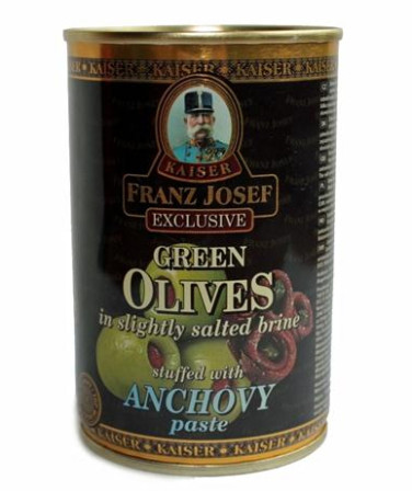 detail F.J.KAISER olivy zelené plech 314ml plněné ančovičkovou pastou (12)