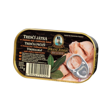 chi tiết F.J.KAISER tresčí játra 115g RP ve vlastním oleji s bobkovým listem (12)