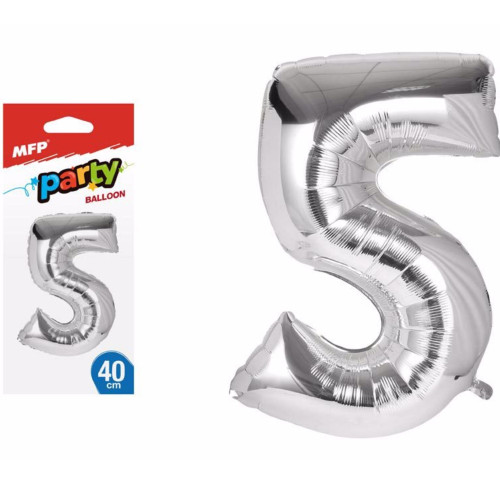 Balónek č. 5 nafukovací fóliový 40cm - Stříbrný MFP (bal/12ks)